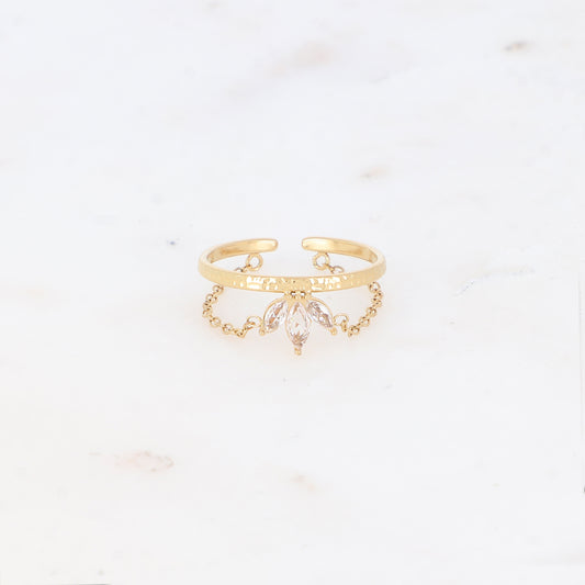 Bague fine avec chaîne, demi fleur et strass