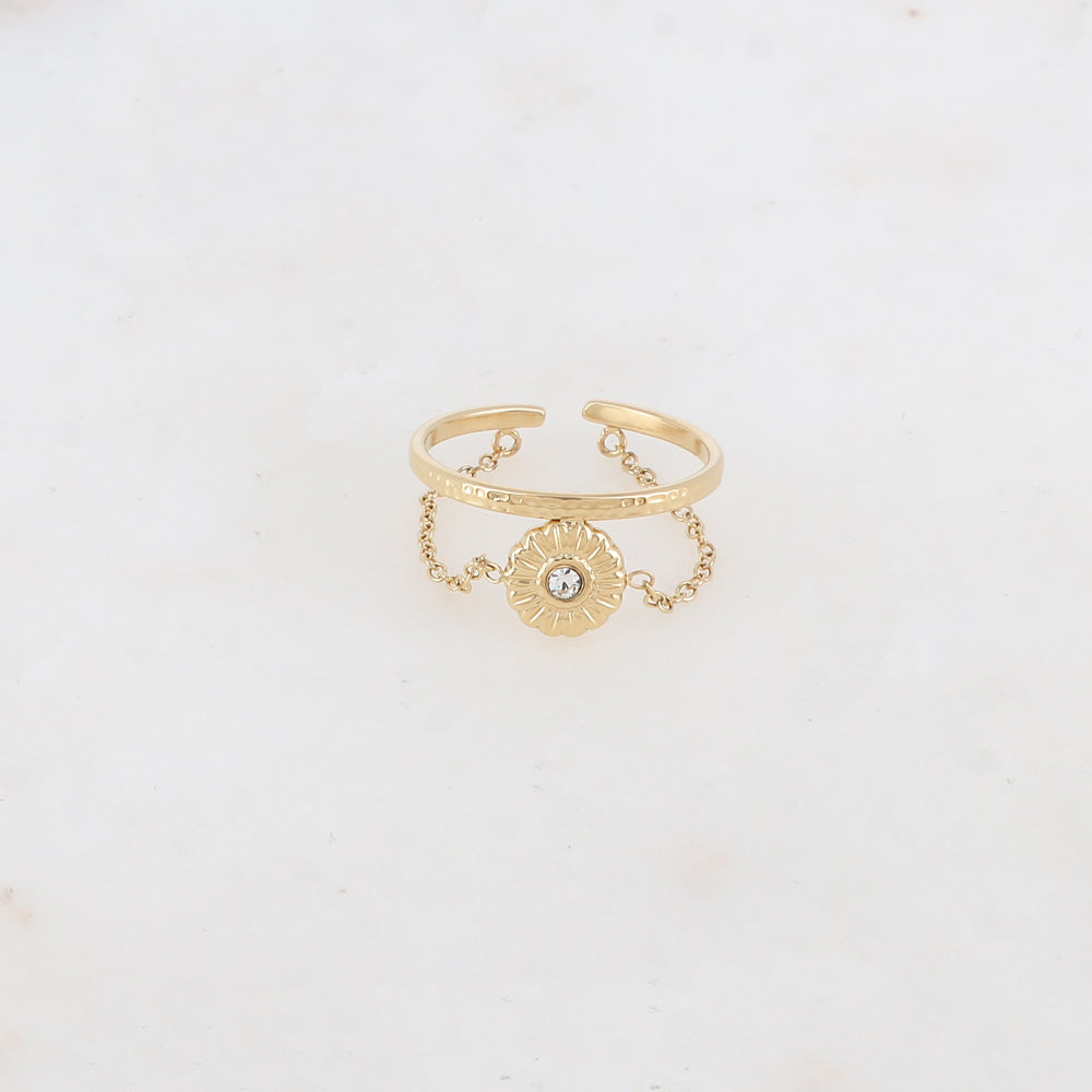 Bague fine avec chaîne, fleur et strass zirconium