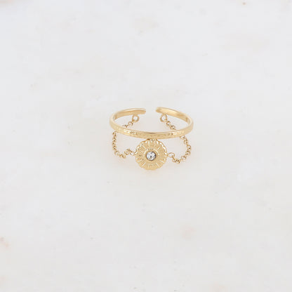 Bague fine avec chaîne, fleur et strass zirconium