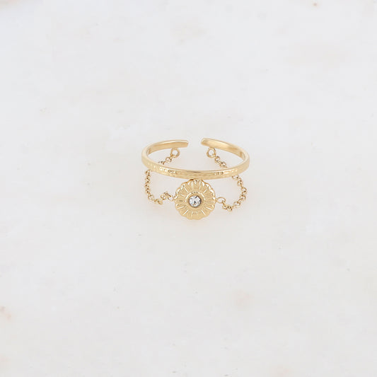 Bague fine avec chaîne, fleur et strass zirconium