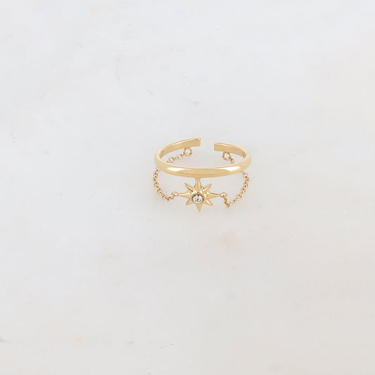 Bague fine et lisse avec chaîne, étoile et strass