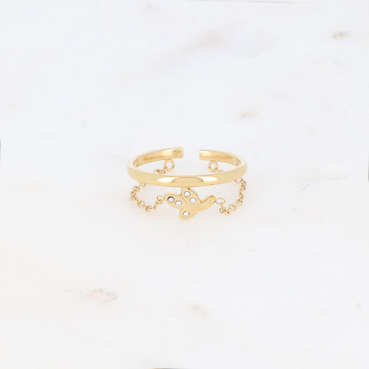 Bague fine avec chaîne, feuille et strass