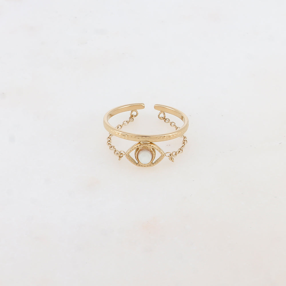 Bague fine avec chaîne, œil et nacre blanche