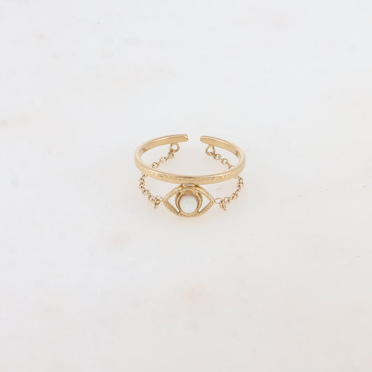 Bague fine avec chaîne, œil et nacre blanche