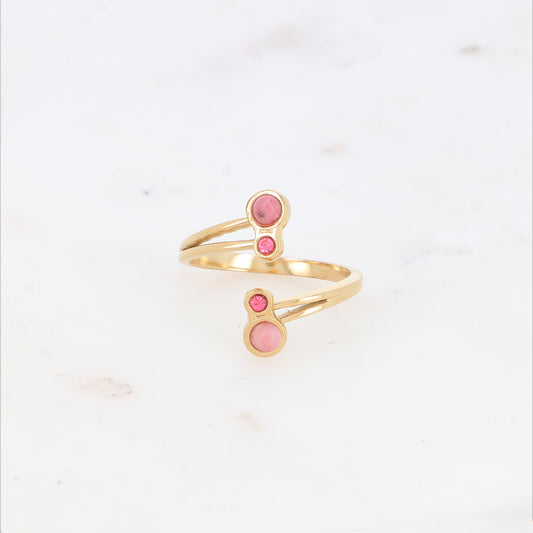 Bague avec pierre naturelle et strass - Rhodonite