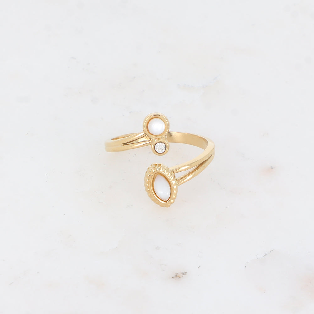 Bague avec pierre naturelle et strass - Nacre