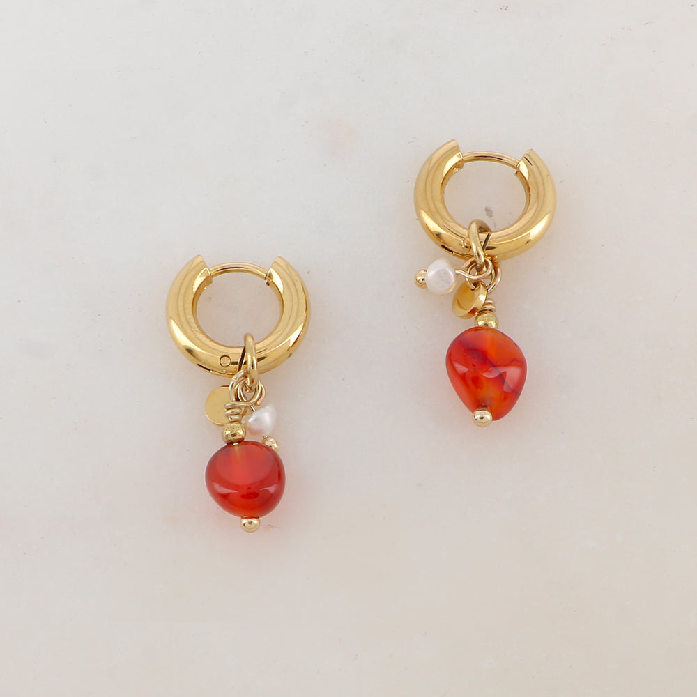 Créoles avec pampille, pierre naturelle et perle d'eau douce 1,3 x 3 cm