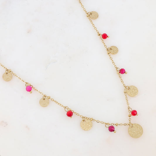 Collier avec pampilles rondes martelées et pierres naturelles (39+7CM)