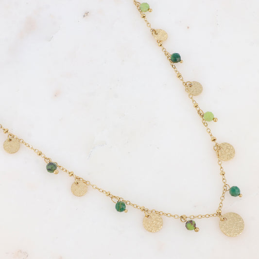 Collier avec pampilles rondes martelées et pierres naturelles (39+7CM)