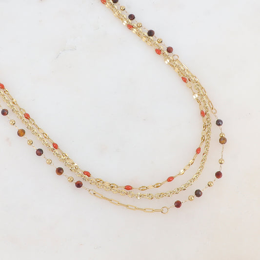 Collier 3 rangs avec pièces émaillées, petites boules et pierres (39/41/43+7CM)