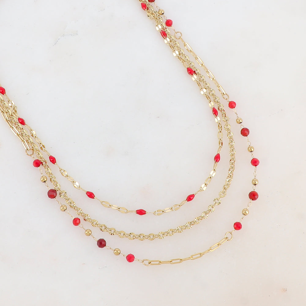 Collier 3 rangs avec pièces émaillées, petites boules et pierres (39/41/43+7CM)