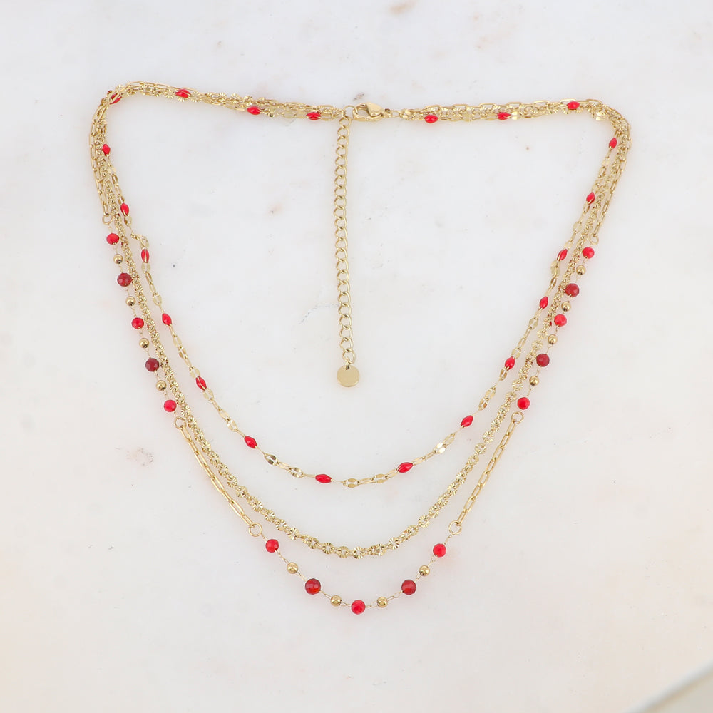 Collier 3 rangs avec pièces émaillées, petites boules et pierres (39/41/43+7CM)