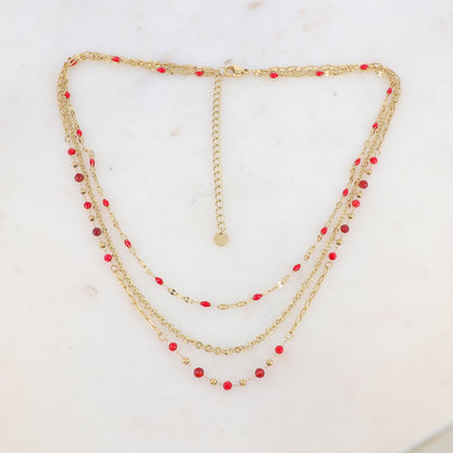 Collier 3 rangs avec pièces émaillées, petites boules et pierres (39/41/43+7CM)