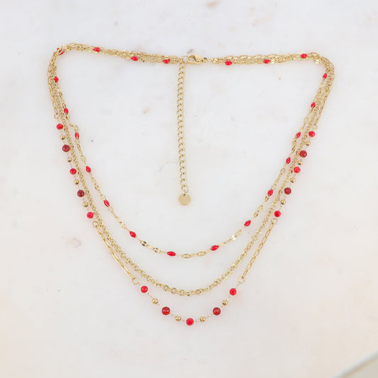 Collier 3 rangs avec pièces émaillées, petites boules et pierres (39/41/43+7CM)