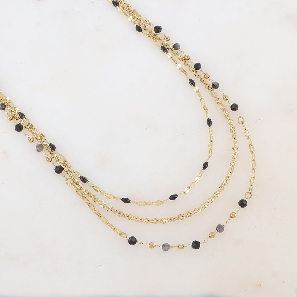 Collier 3 rangs avec pièces émaillées, petites boules et pierres (39/41/43+7CM)
