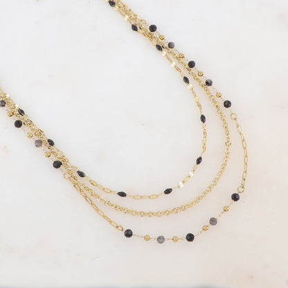 Collier 3 rangs avec pièces émaillées, petites boules et pierres (39/41/43+7CM)