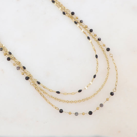 Collier 3 rangs avec pièces émaillées, petites boules et pierres (39/41/43+7CM)