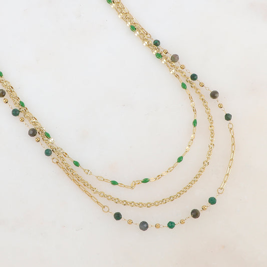 Collier 3 rangs avec pièces émaillées, petites boules et pierres (39/41/43+7CM)