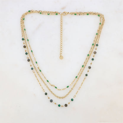 Collier 3 rangs avec pièces émaillées, petites boules et pierres (39/41/43+7CM)