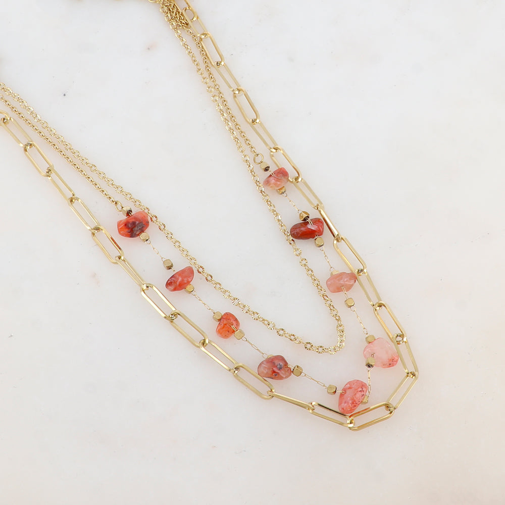 Collier trois rangs avec maille, pierres naturelles (39/41/44+7CM)