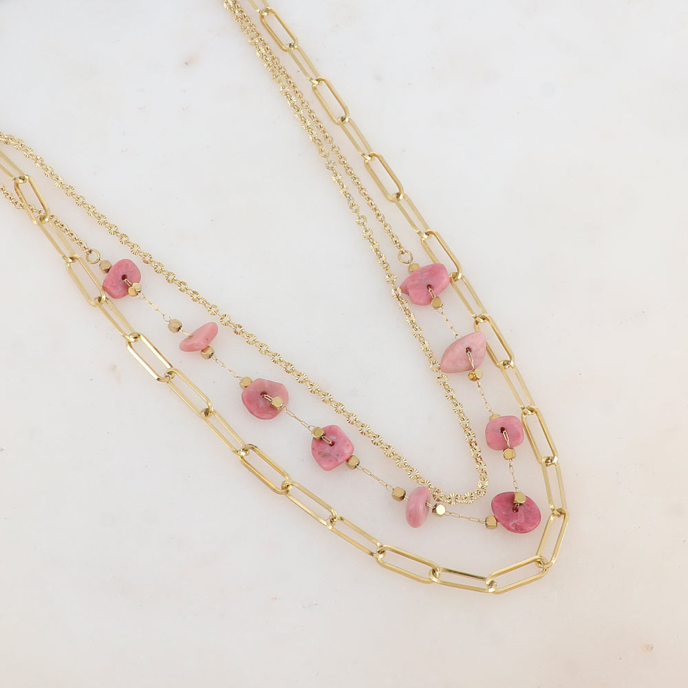 Collier trois rangs avec maille, pierres naturelles (39/41/44+7CM)