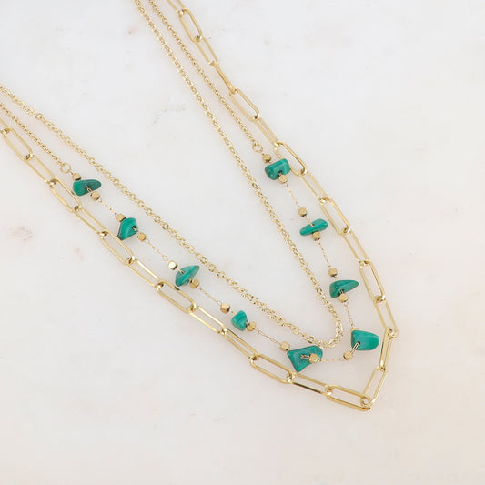 Collier trois rangs avec maille, pierres naturelles (39/41/44+7CM)