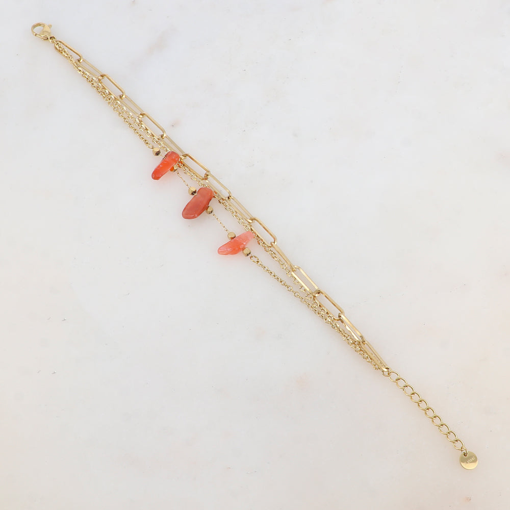 Bracelet 3 rangs avec maille, pierres naturelles
