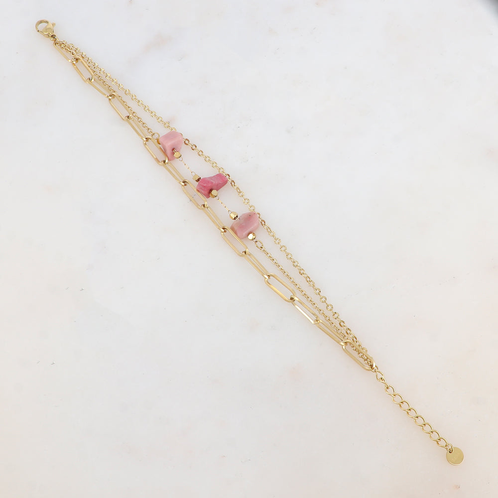 Bracelet 3 rangs avec maille, pierres naturelles