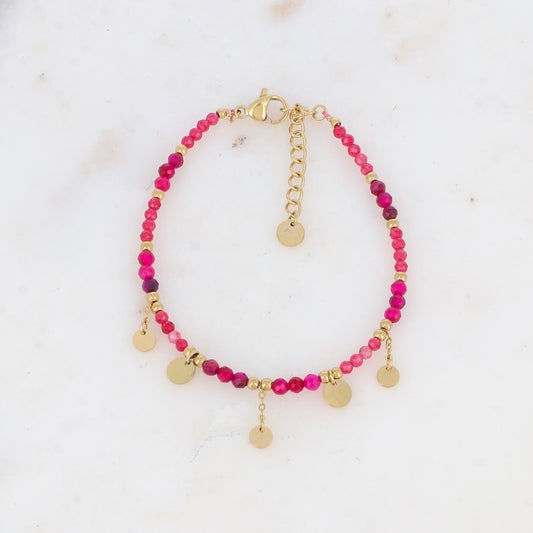 Bracelet avec chaînes, pampilles rondes lisses, perles dorées et pierres naturelles