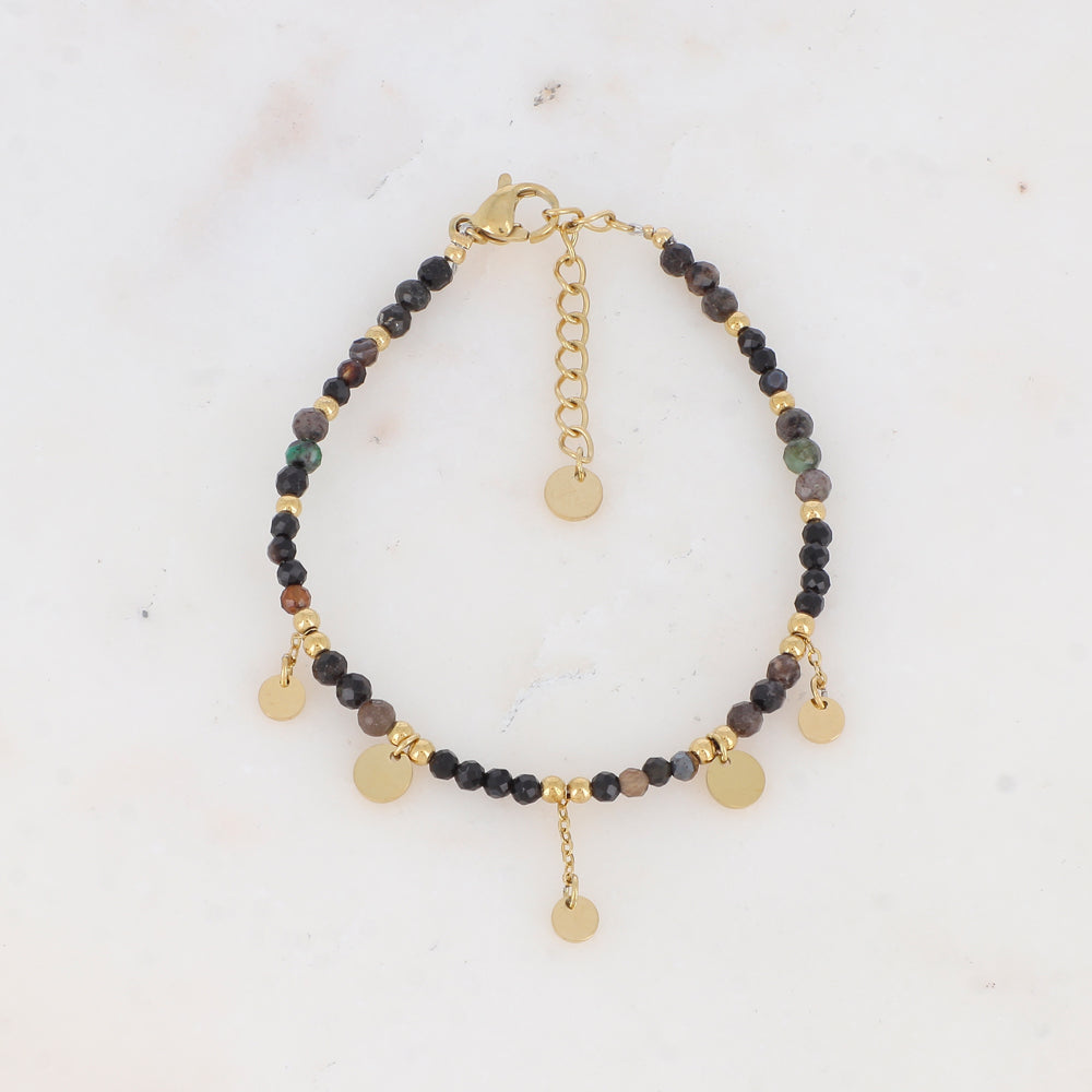 Bracelet avec chaînes, pampilles rondes lisses, perles dorées et pierres naturelles
