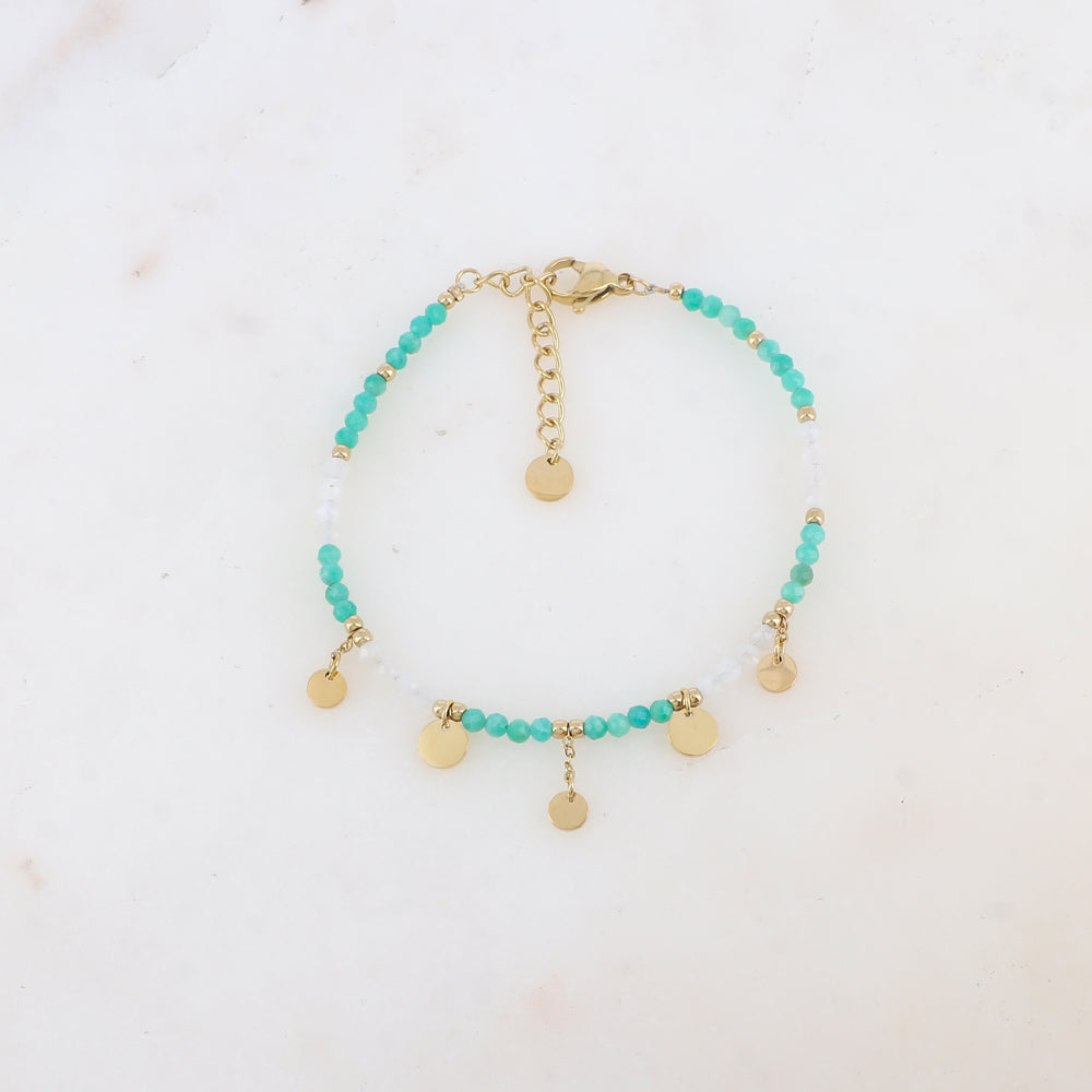 Bracelet avec chaînes, pampilles rondes lisses, perles dorées et pierres naturelles