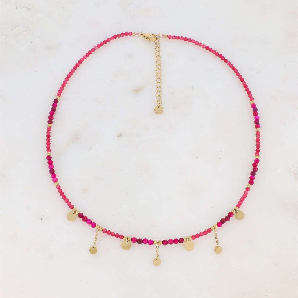 Collier avec chaînes, pampilles rondes lisses, perles dorées et pierre naturelle (39+7CM)