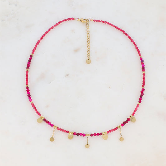 Collier avec chaînes, pampilles rondes lisses, perles dorées et pierre naturelle (39+7CM)