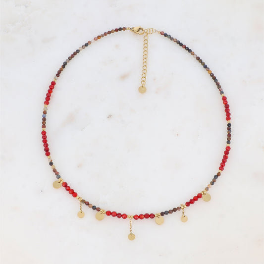 Collier avec chaînes, pampilles rondes lisses, perles dorées et pierre naturelle (39+7CM)