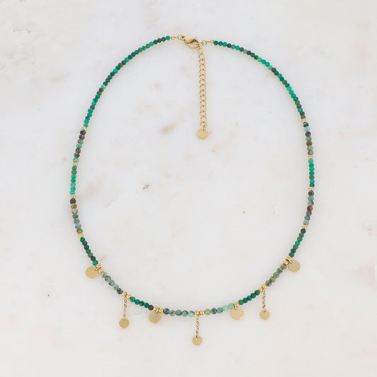 Collier avec chaînes, pampilles rondes lisses, perles dorées et pierre naturelle (39+7CM)