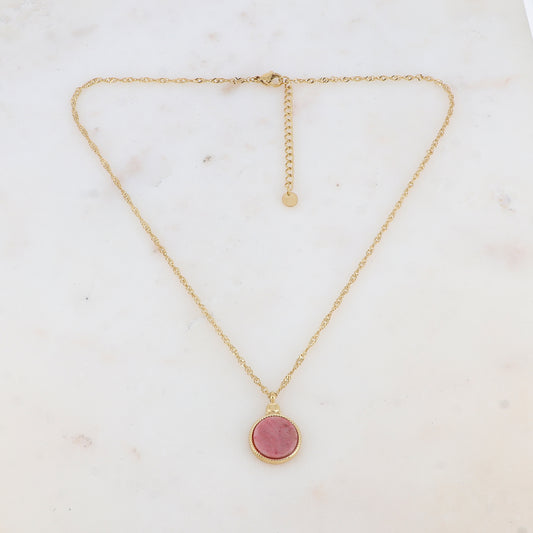 Collier avec pendentif rond serti d'une pierre naturelle (40.5+5CM)