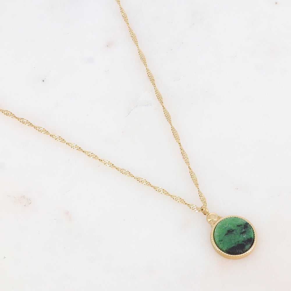 Collier avec pendentif rond serti d'une pierre naturelle (40.5+5CM)