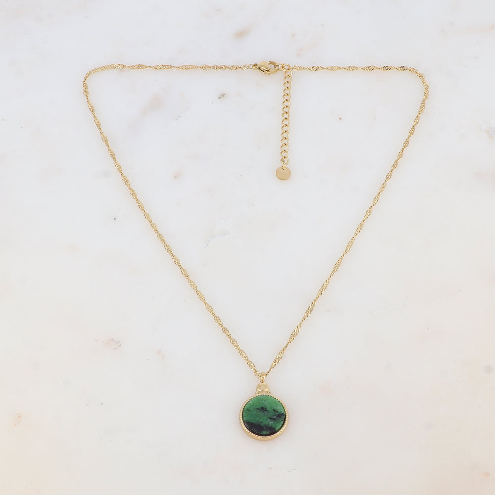 Collier avec pendentif rond serti d'une pierre naturelle (40.5+5CM)
