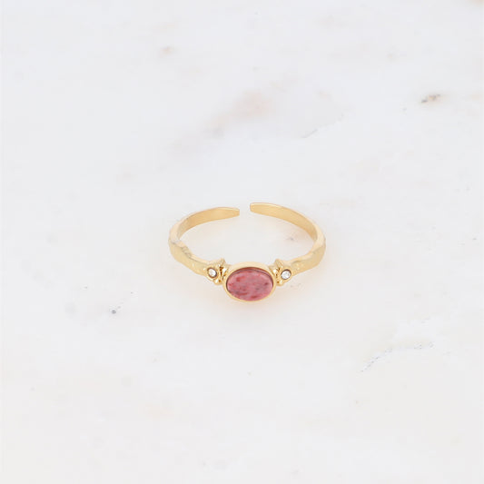 Bague fine avec pierre naturelle et strass - Rhodonite