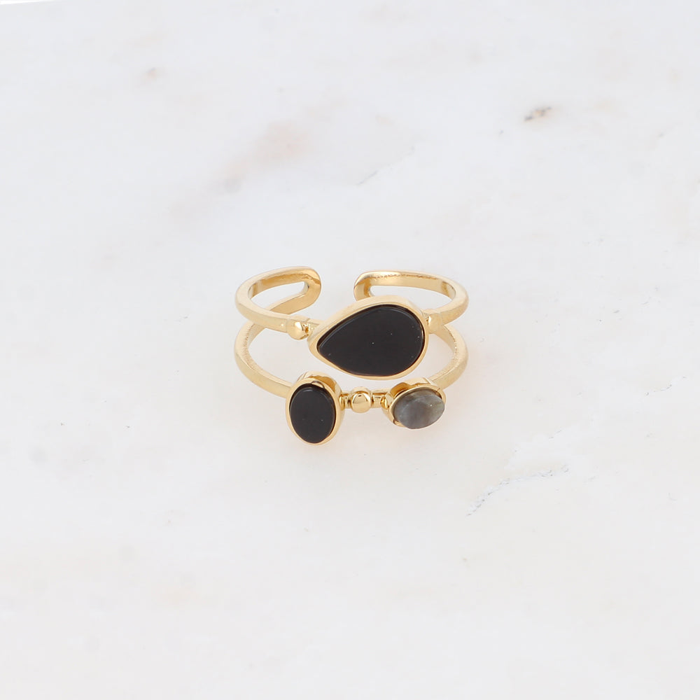 Bague deux rangs avec pierre naturelle - Onyx et labradorite claire