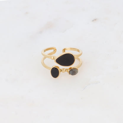 Bague deux rangs avec pierre naturelle - Onyx et labradorite claire