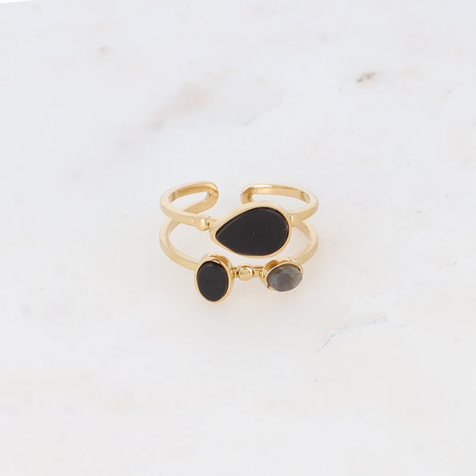 Bague deux rangs avec pierre naturelle - Onyx et labradorite claire