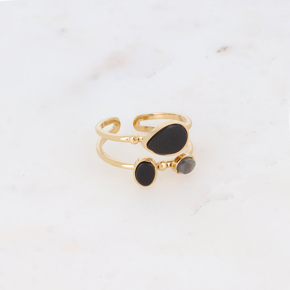 Bague deux rangs avec pierre naturelle - Onyx et labradorite claire