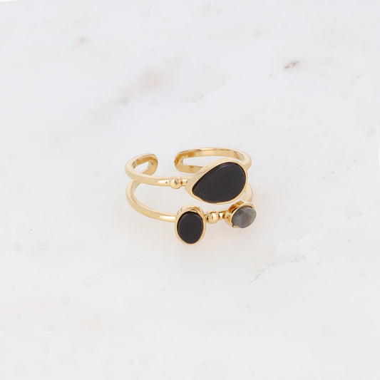 Bague deux rangs avec pierre naturelle - Onyx et labradorite claire