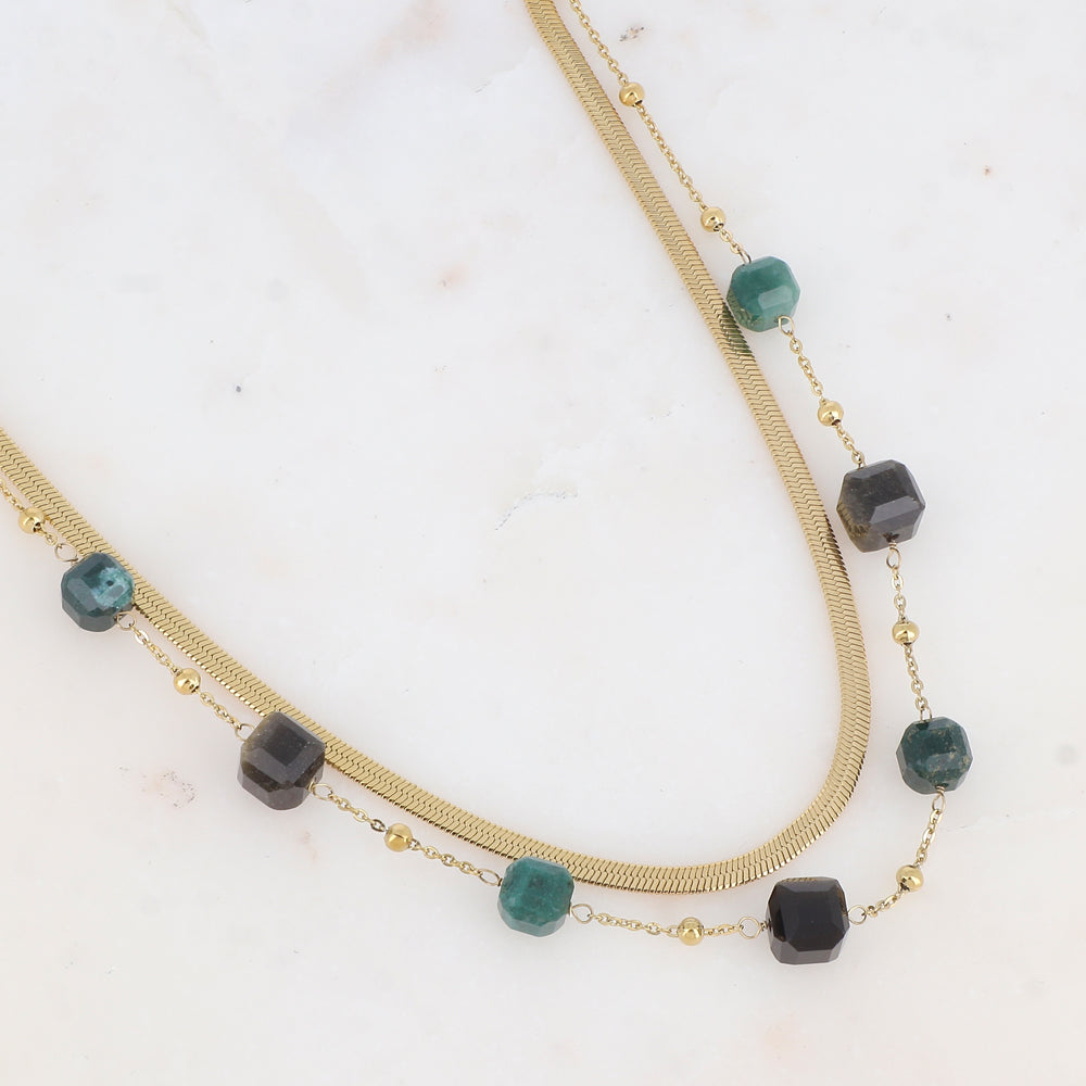 Collier double rangs avec pierres naturelles (38/40+5CM)