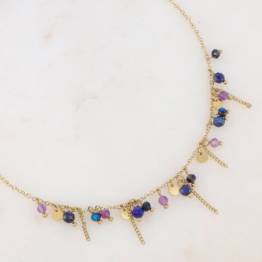 Collier avec pastilles, chaînes, pâtes de verre et pierre naturelle (40+5CM)