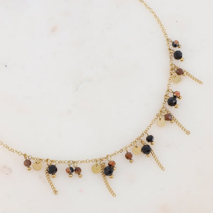 Collier avec pastilles, chaînes, pâtes de verre et pierre naturelle (40+5CM)