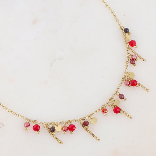 Collier avec pastilles, chaînes, pâtes de verre et pierre naturelle (40+5CM)