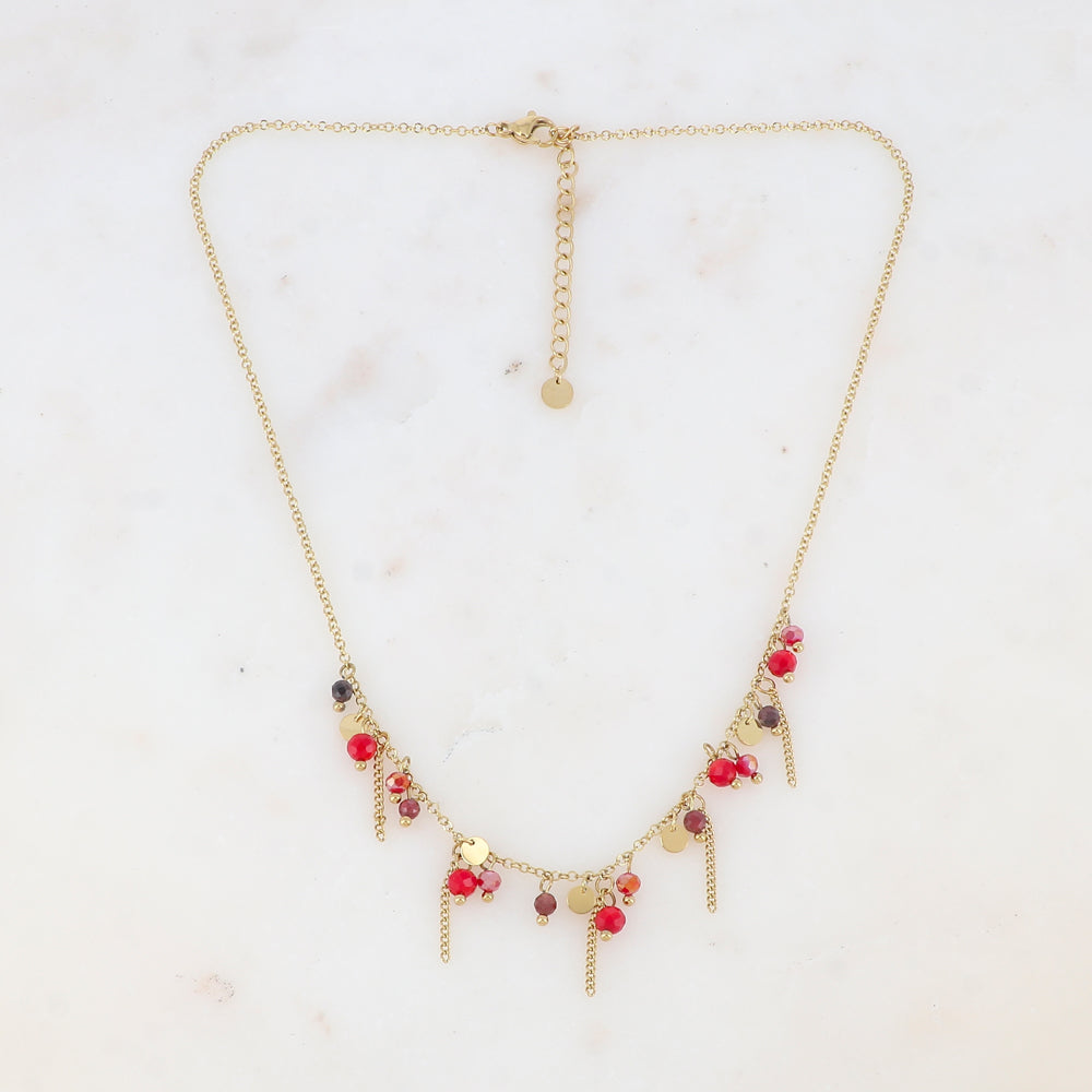 Collier avec pastilles, chaînes, pâtes de verre et pierre naturelle (40+5CM)