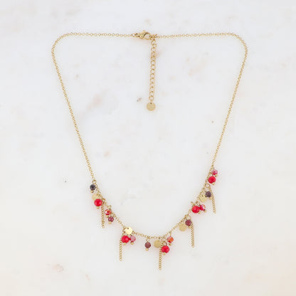 Collier avec pastilles, chaînes, pâtes de verre et pierre naturelle (40+5CM)